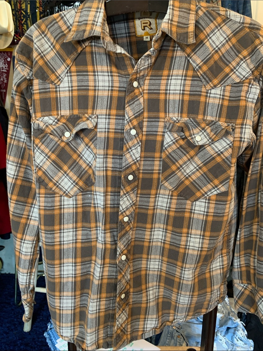 Mens Plaid Button-Up Shirt in Brown and Orange
